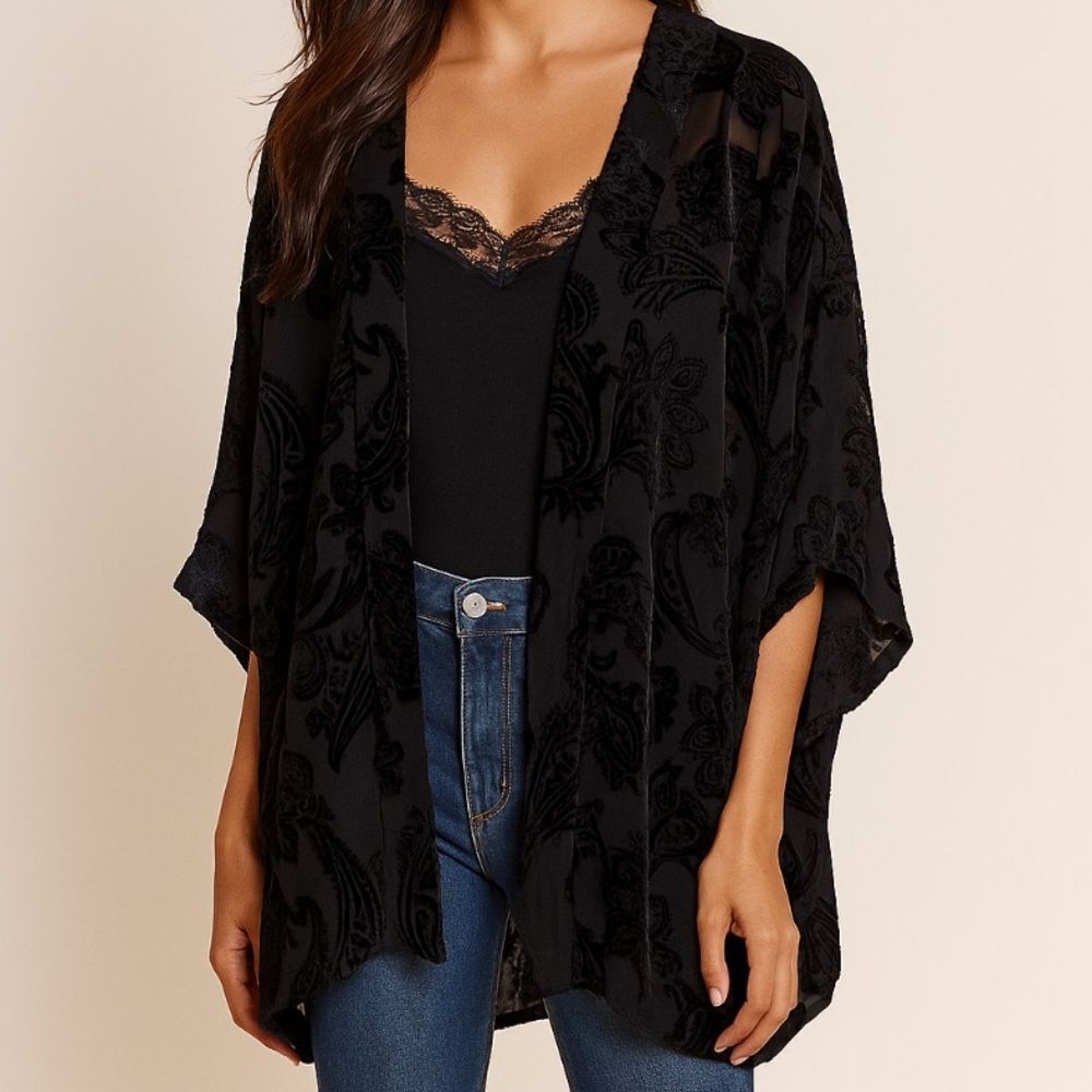 Garnet Hill Black Kimono Silk Velvet Burnout S/M Floral Paisley Open Front
